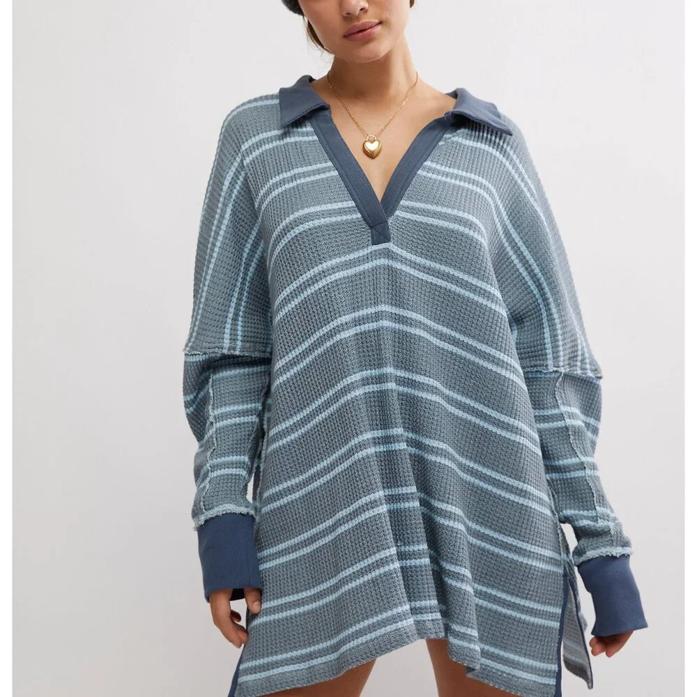 FREE PEOPLE We The Free Striped Travis Polo / Heather Grey Combo - Picture 1 of 6